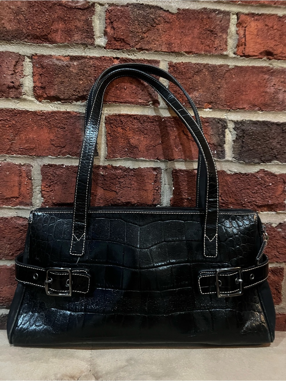 Franco Sarto Black Croc-Embossed Shoulder Bag
